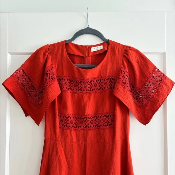 NWOT Sandro Red Midi Dress with Lace Accents size EU34 - Picture 6 of 10